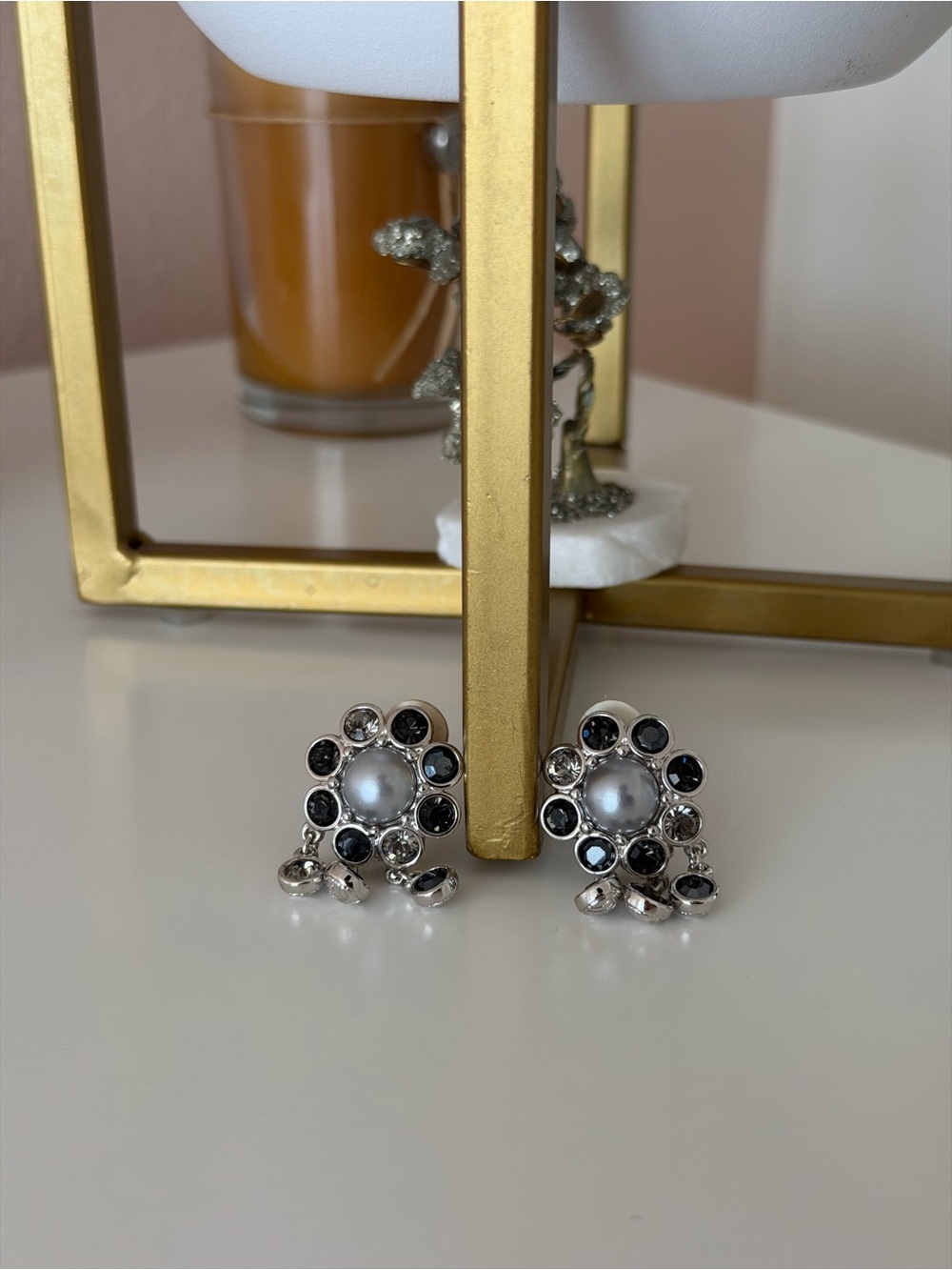 Authentic Swarovski Vintage Crystal & Pearl Flower Dangle Clip-On Earrings